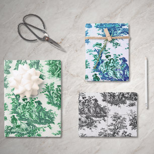 Vintage Green Floral Toile Jouy Country Style Wrapping Paper Sheets
