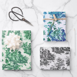 Vintage Green Floral Toile Jouy Wrapping Paper Sheets