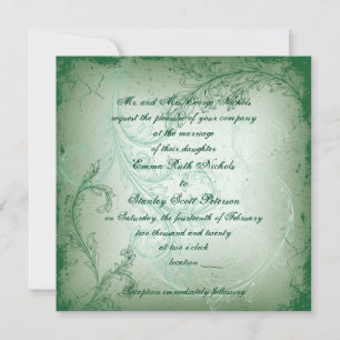 Vintage green flourish scroll leaf wedding invitation