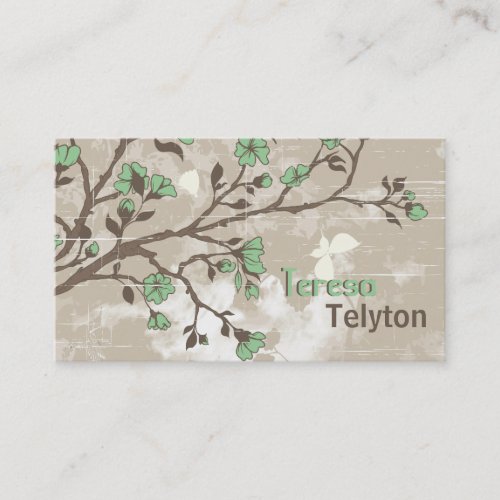 Vintage green flowers floral grunge taupe business card