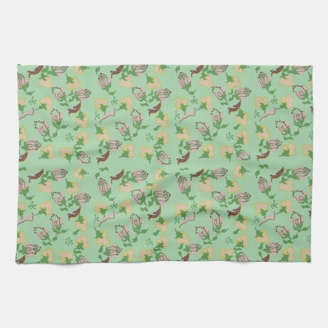 Vintage Green Flowers Kitchen Towel (Horizontal)