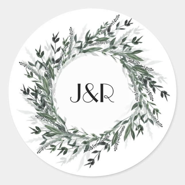 Vintage Green Foliage Monogram Lable Classic Round Sticker (Front)