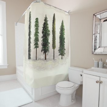 Vintage Green Forest Trees Rustic Woodsy Shower Curtain by printabledigidesigns at Zazzle