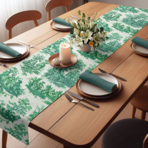 Vintage Green French Toile de Jouy Floral Short Table Runner