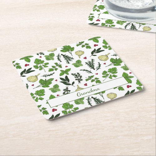 Vintage Green Garden Herbs and Spices Patterned Square Paper Coaster