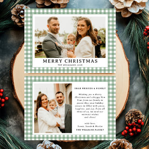 Vintage Green Gingham Plaid Photo Christmas Holiday Card