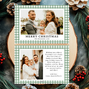 Vintage Green Gingham Plaid Photo Christmas Holiday Card