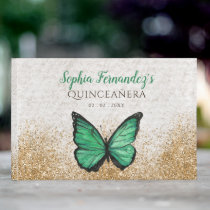 Vintage Green Gold Butterfly Quinceañera  Guest Book