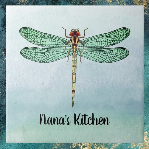 Vintage Green Gold Dragonfly on Blue Watercolors Ceramic Tile