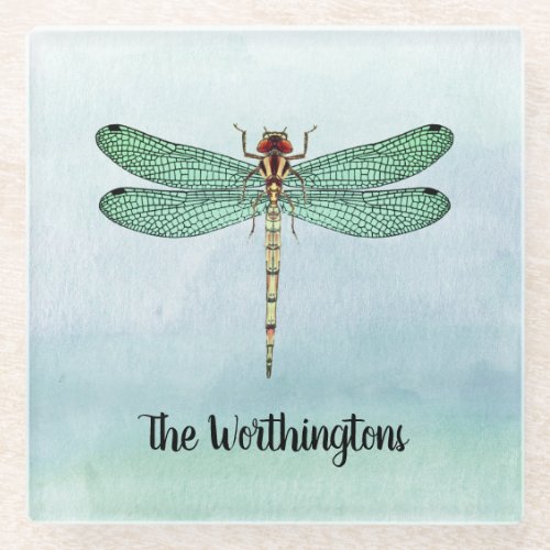 Vintage Green Gold Dragonfly on Blue Watercolors Glass Coaster