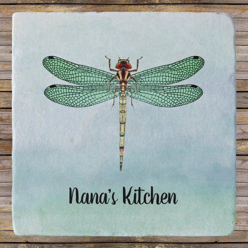 Vintage Green Gold Dragonfly on Blue Watercolors Trivet