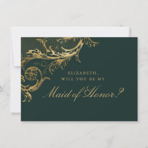 Vintage Green Gold Floral Damask Maid of Honor Invitation