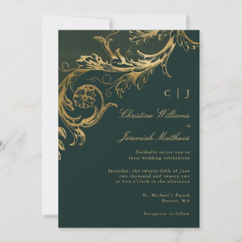 Vintage Green Gold Floral Damask Monogram Wedding Invitation