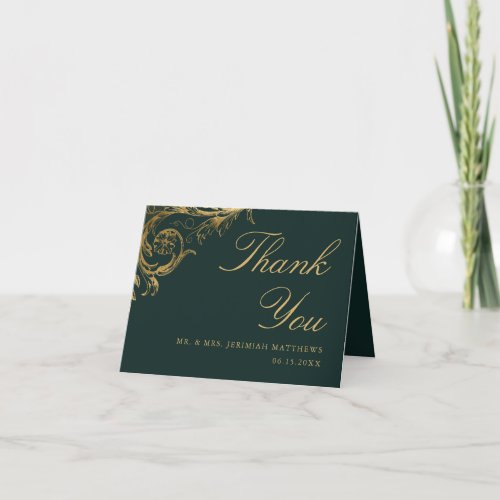 Vintage Green Gold Floral Damask Photo Wedding Thank You Card