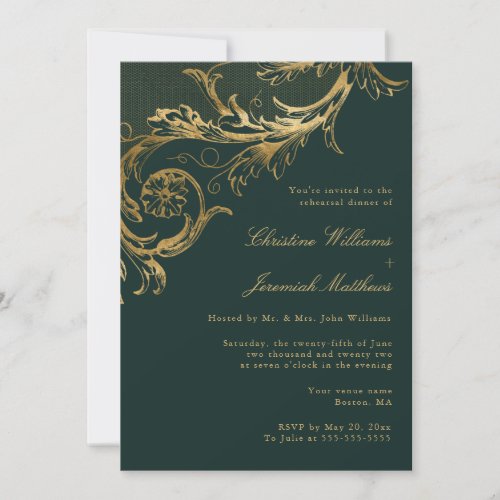 Vintage Green Gold Floral Damask Rehearsal Dinner Invitation