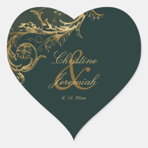 Vintage Green Gold Floral Damask Script Wedding Heart Sticker