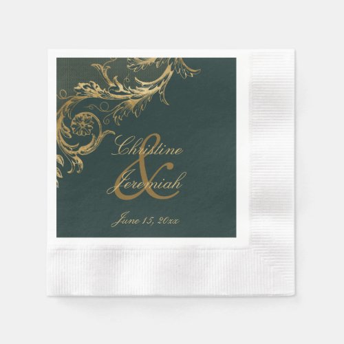 Vintage Green Gold Floral Damask Script Wedding Napkins