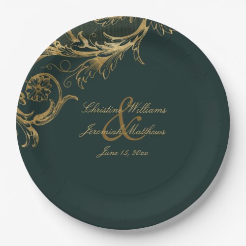 Vintage Green Gold Floral Damask Script Wedding Paper Plates