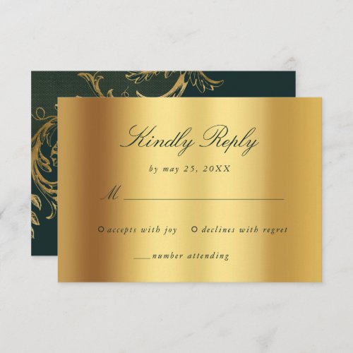 Vintage Green Gold Floral Damask Script Wedding RSVP Card