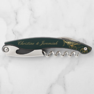 Vintage Green Gold Floral Damask Script Wedding Waiter's Corkscrew