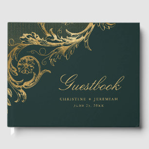 Vintage Green Gold Floral Damask Square Wedding Guest Book
