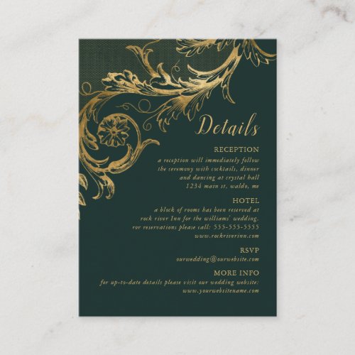 Vintage Green Gold Floral Damask Wedding Details Enclosure Card