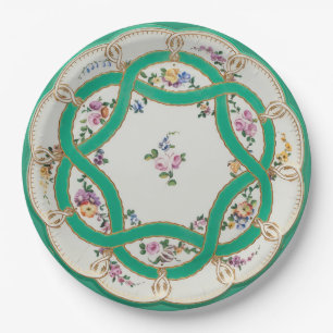 Vintage Green & Gold Floral Knot Faux China Design Paper Plates