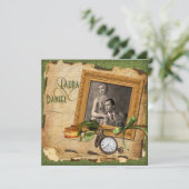 Vintage Green, Gold Frame Photo Wedding Invite (Standing Front)