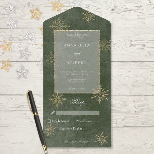 Vintage Green & Gold Glitter Snowflakes No Dinner All In One Invitation