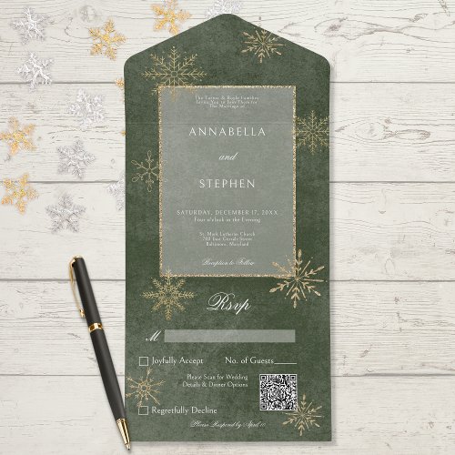 Vintage Green  Gold Glitter Snowflakes QR Code All In One Invitation