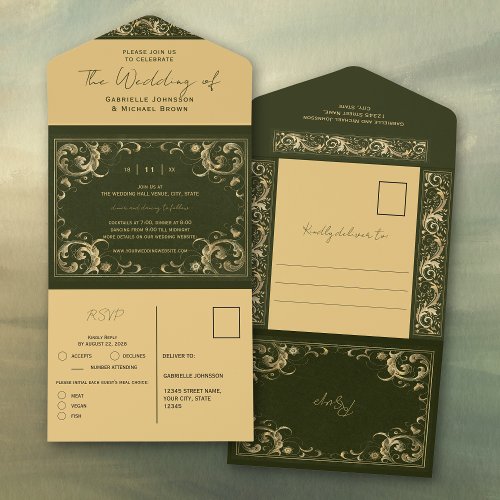 Vintage Green Gold Lace Elegant Budget Wedding All In One Invitation