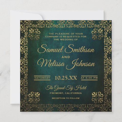 Vintage Green Gold Oriental Wedding Invitation