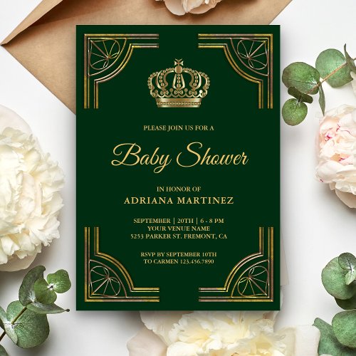 Vintage Green Gold Ornate Crown Baby Shower Invitation