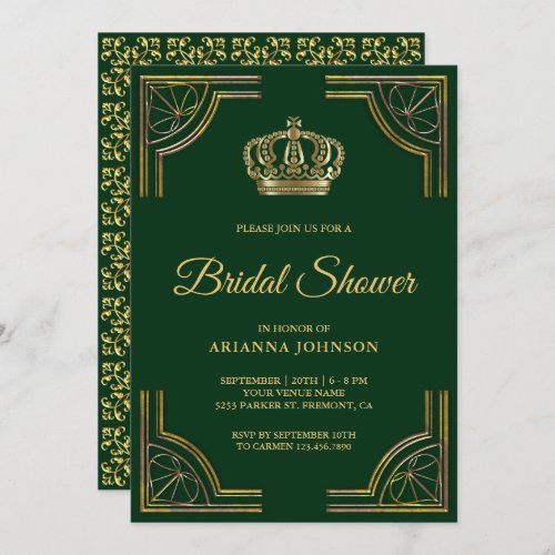 Vintage Green Gold Ornate Crown Bridal Shower Invitation