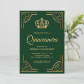 Vintage Green Gold Ornate Crown Quinceanera Invitation (Standing Front)