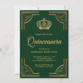 Vintage Green Gold Ornate Crown Quinceanera Invitation (Front)