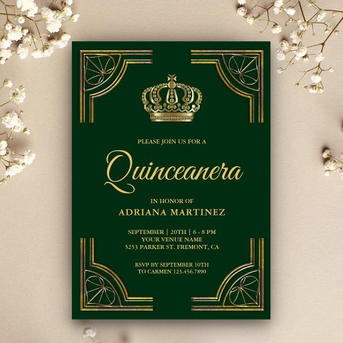 Vintage Green Gold Ornate Crown Quinceanera Invitation