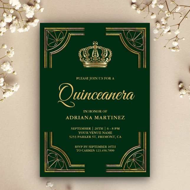 Vintage Green Gold Ornate Crown Quinceanera Invitation