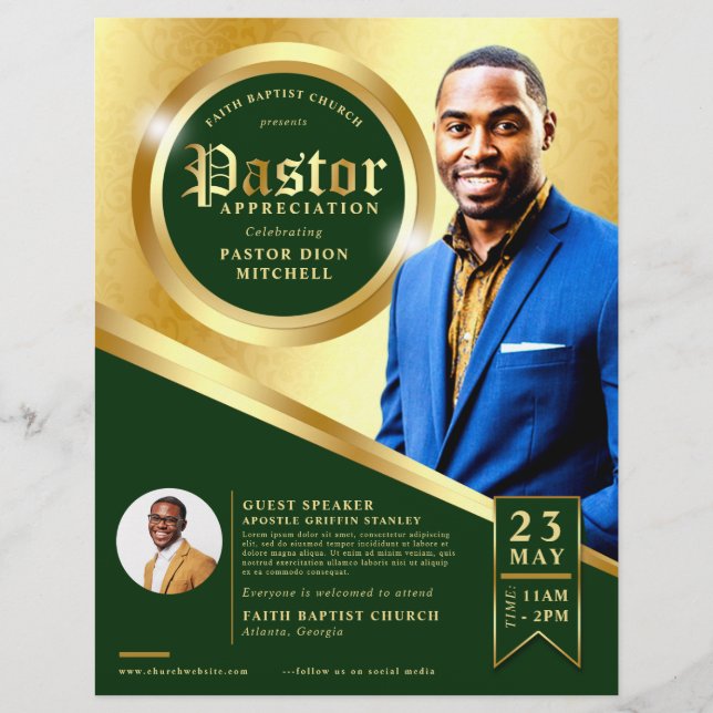 Vintage Green & Gold Pastor Appreciation Church Flyer (Front)