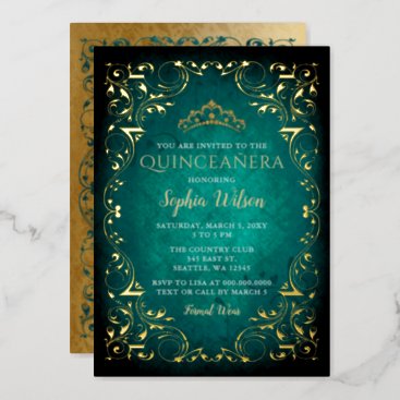 Vintage Green Gold Princess Tiara Quinceañera Foil Invitation