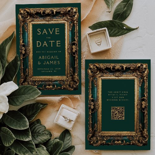 Vintage Green Gold QR Code Wedding Save the Date Invitation