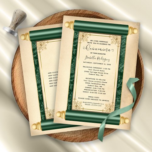 Vintage Green Gold Scroll Elegant Quinceaera Invitation