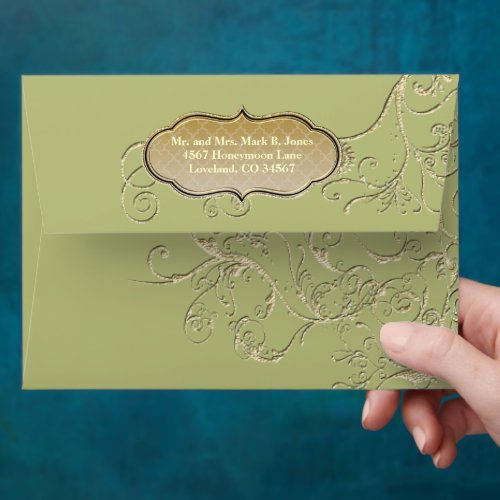 Vintage Green Gold Swirl Wedding Envelope