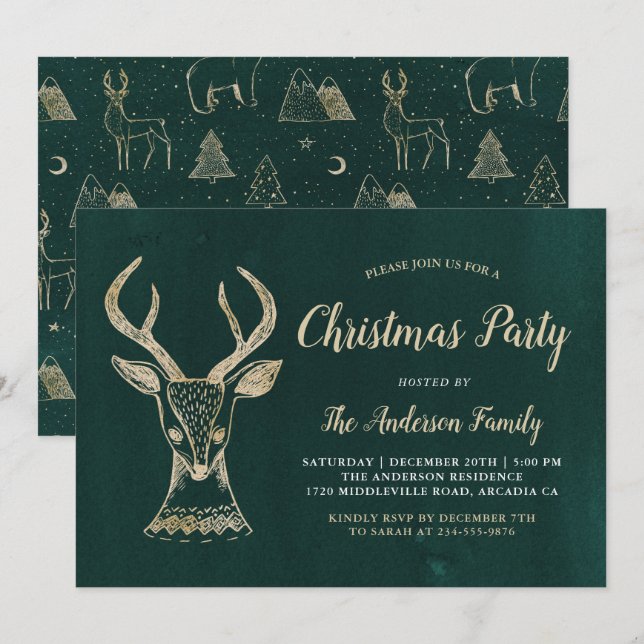 Vintage Green Gold Woodland Deer Christmas Party Invitation (Front/Back)