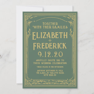 Vintage Green Golden Old Print Wedding Invitation