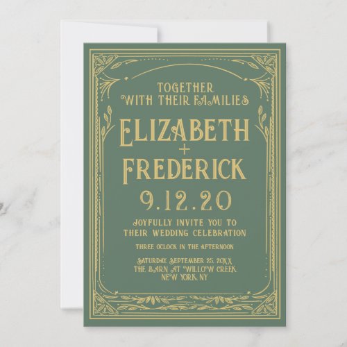 Vintage Green Golden Old Print Wedding Invitation