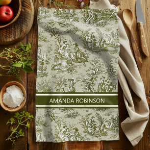 Vintage Green Grey French Toile de Jouy Scenic Kitchen Towel