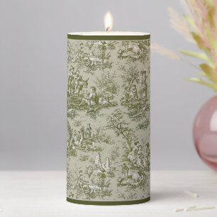 Vintage green grey toile de jouy printed pillar candle