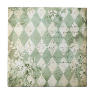 Vintage Green Harlequin Floral Script Ceramic Tile
