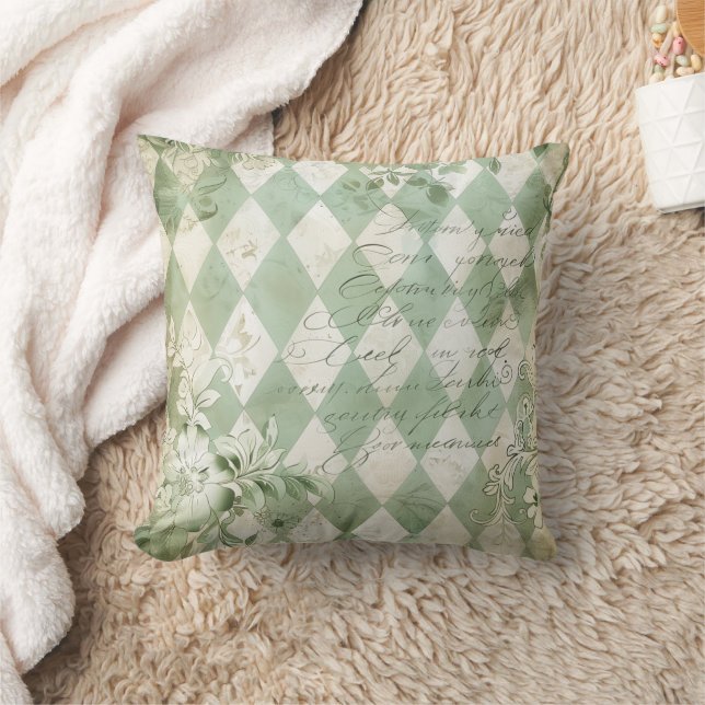 Vintage Green Harlequin Floral Script Throw Pillow (Blanket)